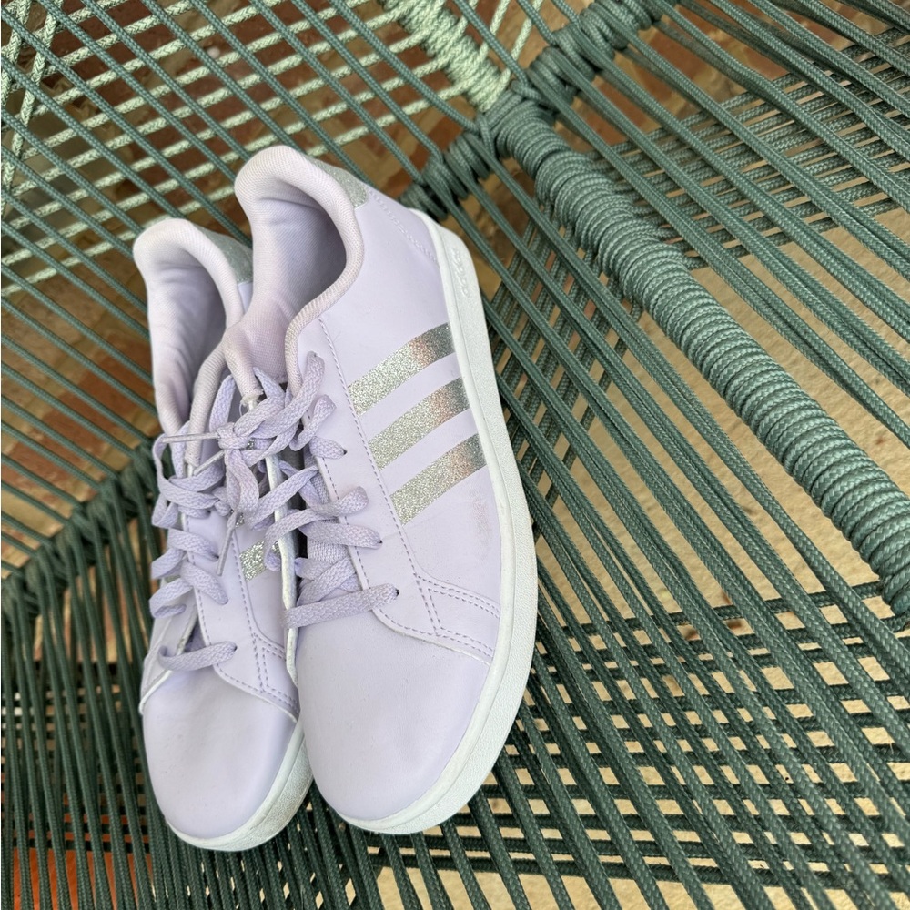 Adidas Women's Light Purple Sneakers with Glitter Stripes
